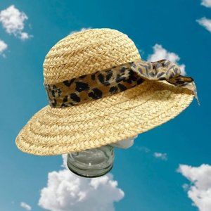 Tan Straw Sun Hat with Leopard Bow Band